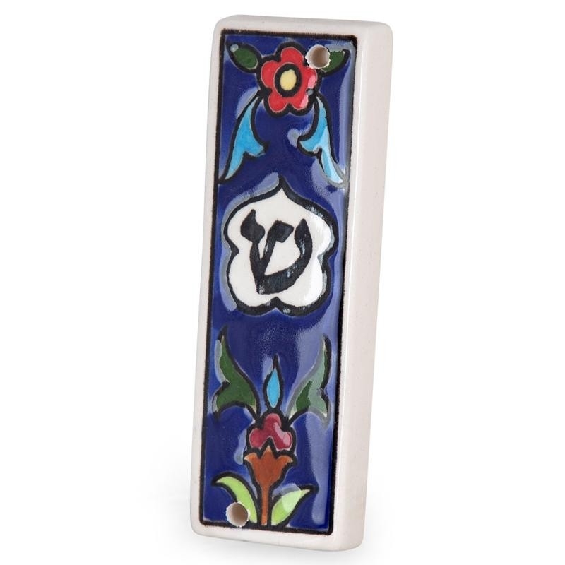 Armenian Ceramic Hand Painted Mezuzah Case with Blue Floral Design (Choice of Sizes) - 1