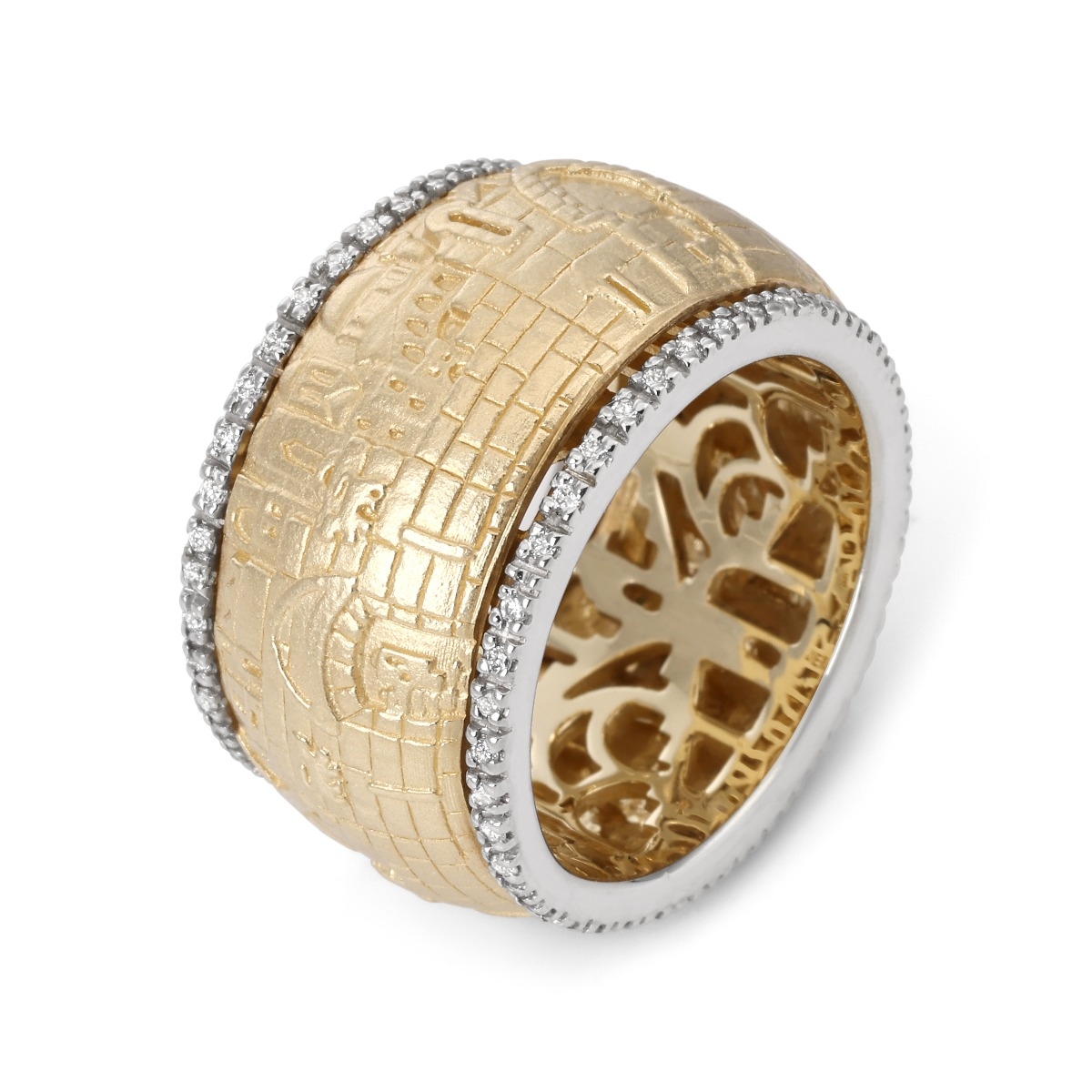 Deluxe 14K Gold Four Gates of Jerusalem Spinning Ring with White Diamonds - 1