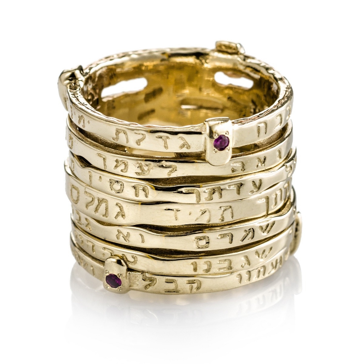 14K Yellow Gold Stacked Ring With Mystical Verses and Ruby Stones - 1
