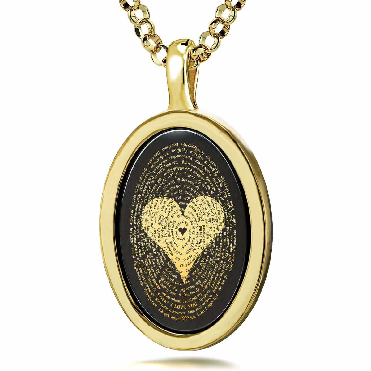 Nano 14K Gold and Onyx Framed Oval Necklace with 24K Gold Heart and “I Love You” in 120 Languages Micro-Inscription - 1
