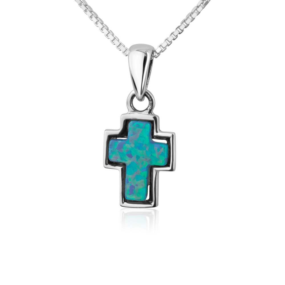 Sterling Silver and Blue Opal Framed Roman Cross Pendant Necklace - 1