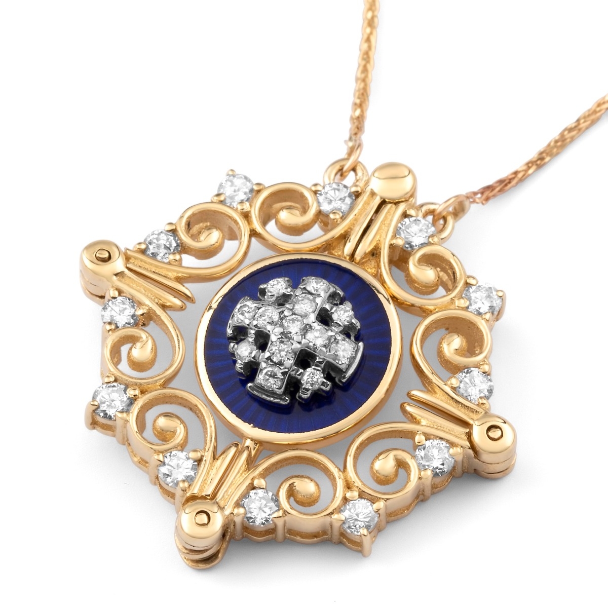 Anbinder Jewelry 14K Gold Vintage Jerusalem Cross Necklace with Blue Enamel & White Diamonds - 1