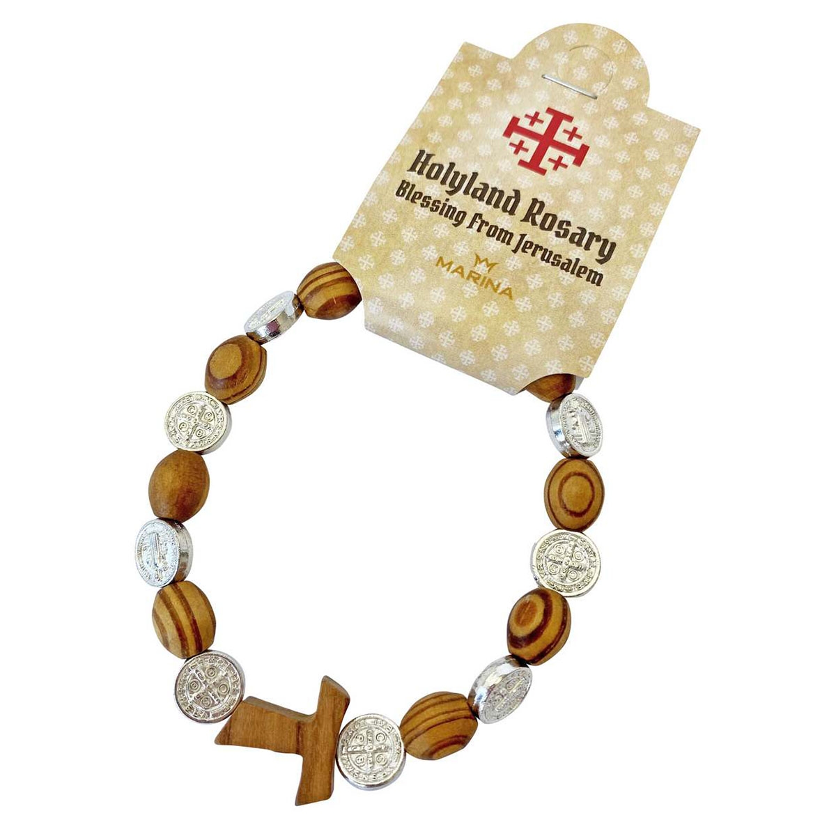Holyland Rosary Olive Wood Elasticated Tau Cross Rosary Bracelet - 1