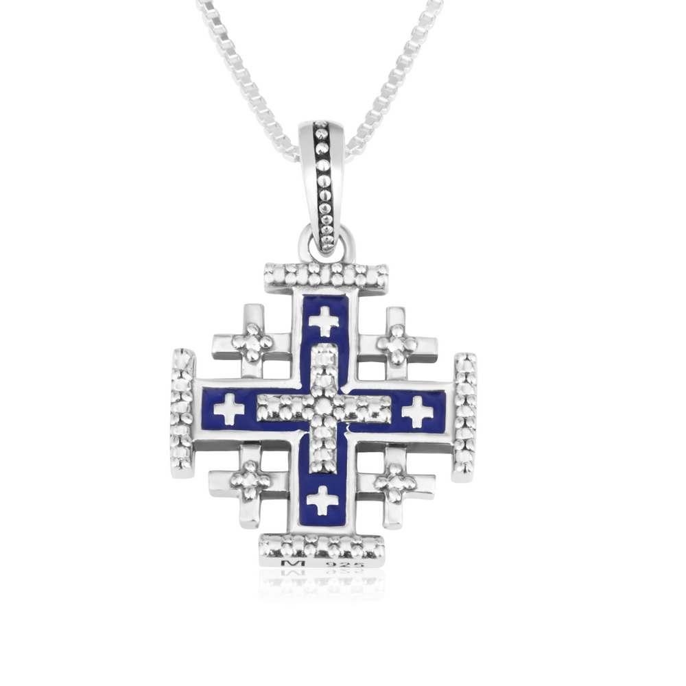 Marina Jewelry 925 Sterling Silver Jerusalem Cross Necklace with Blue Enamel and Bead Accents - 1