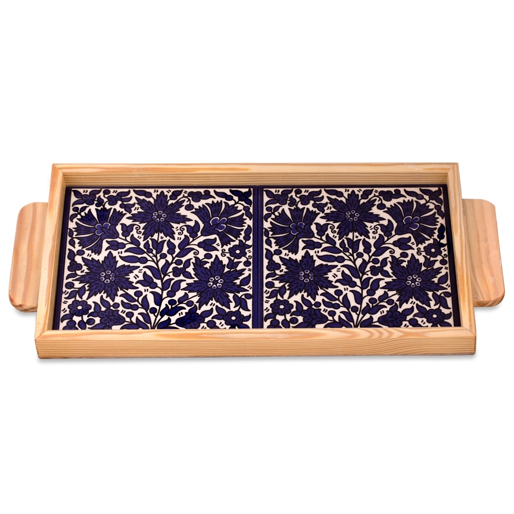 Armenian Ceramic & Wood Breakfast Tray (Blue and White Flowers) - 2