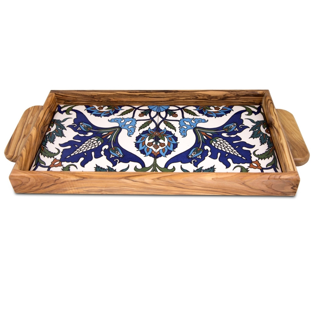Olive Wood & Armenian Ceramic Breakfast Tray (Color Flowers) - 1