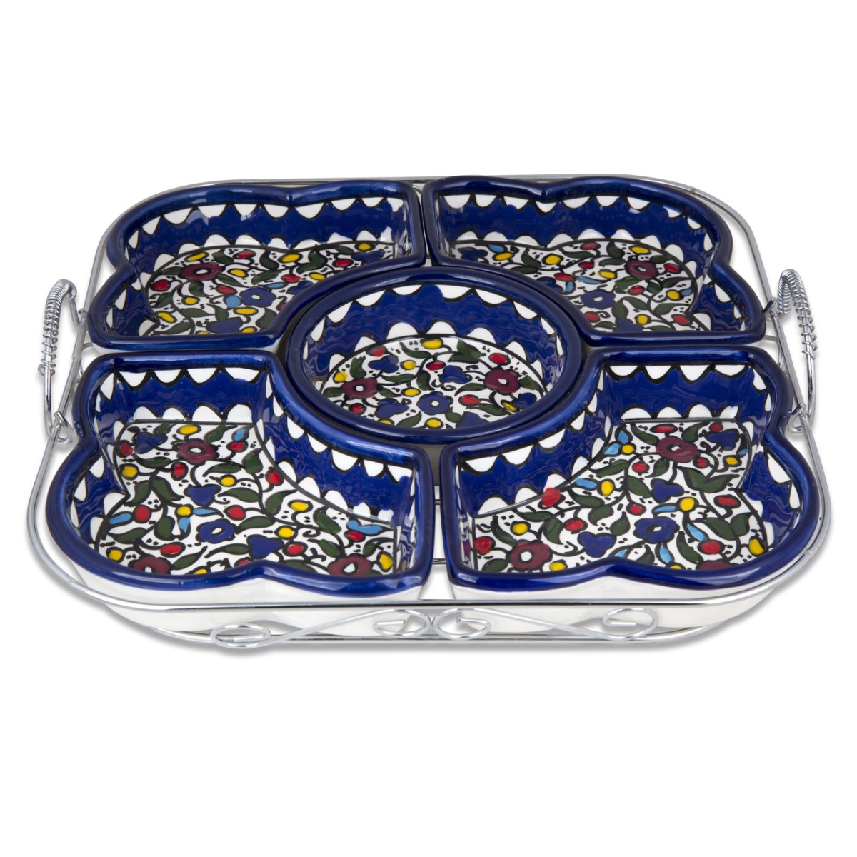Armenian Ceramics 6 Piece Set of Serving Dishes in Metal Frame (Colorful Flowers) - 1