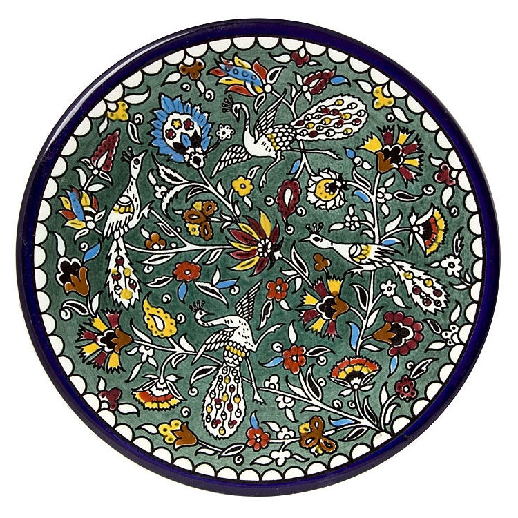 Armenian Ceramic Green 4-Peacock Plate - 1