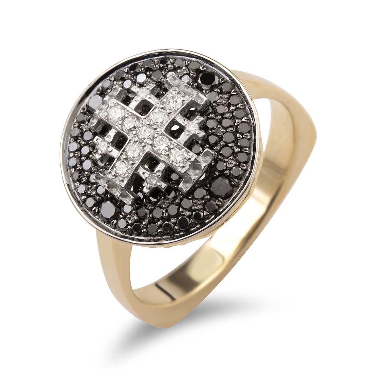 Anbinder Jewelry 14K Gold Jerusalem Cross Ring with White & Black Diamonds - 1