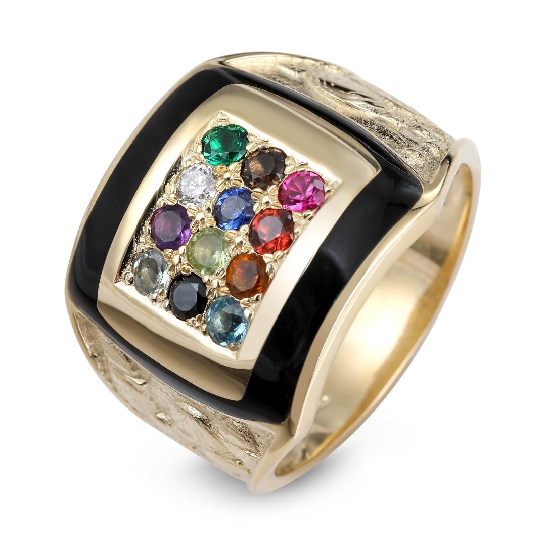 Anbinder Jewelry 14K Yellow Gold & Black Enamel Priestly Breastplate Ring with Gemstones - 1