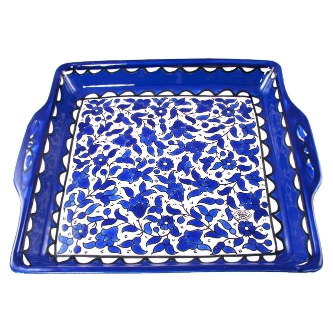 Armenian Ceramic Serving Tray with Blue and White Floral Motif - 1