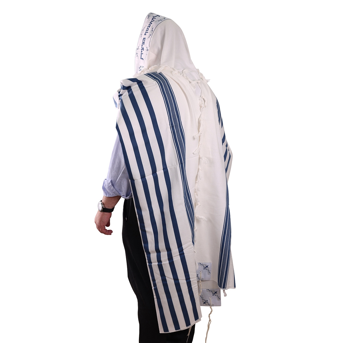 100% Cotton Tallit Prayer Shawl with Navy Blue Stripes - Non-Slip - 1