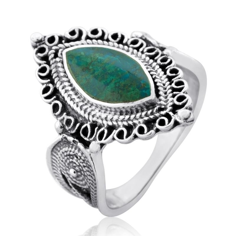 Rafael Jewelry Sterling Silver and Eilat Stone Filigree Marquise Ring - 1
