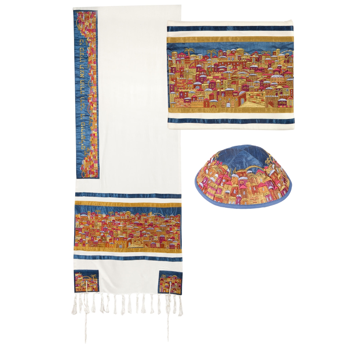 Yair Emanuel Fully Embroidered Cotton Jerusalem Prayer Shawl Set - Colorful - 3