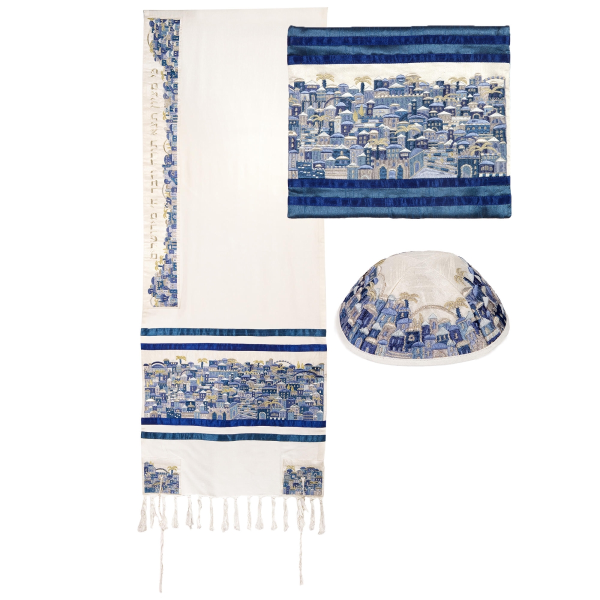 Yair Emanuel Fully Embroidered Cotton Jerusalem Prayer Shawl Set - Blue - 1