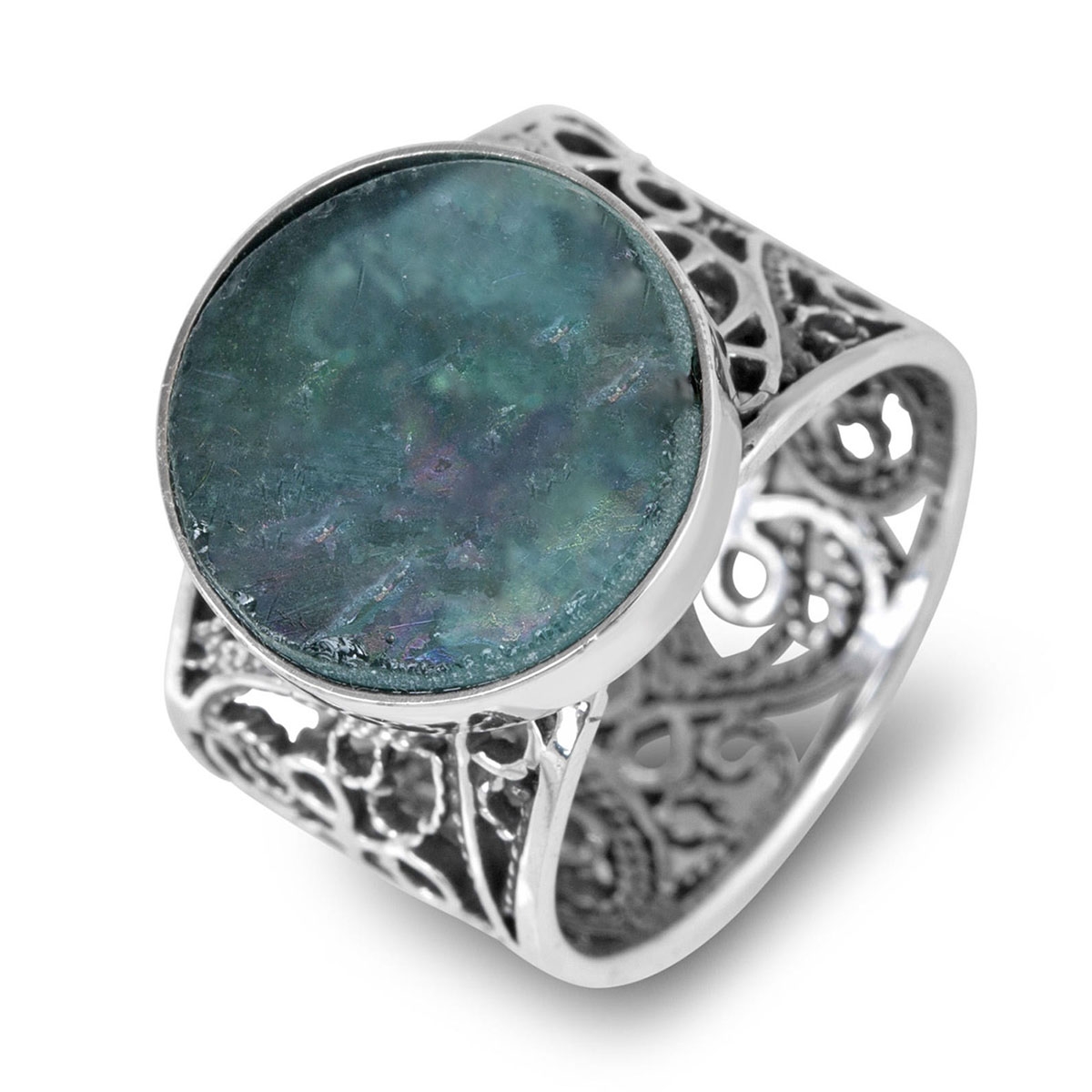 Sterling Silver Filigree Roman Glass Antique Ring - 1
