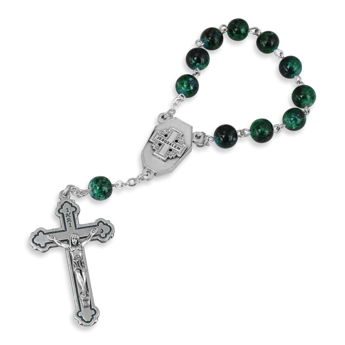 Holyland Rosary Green Beaded Rosary Bracelet With Crucifix and Jordan River Water - 1