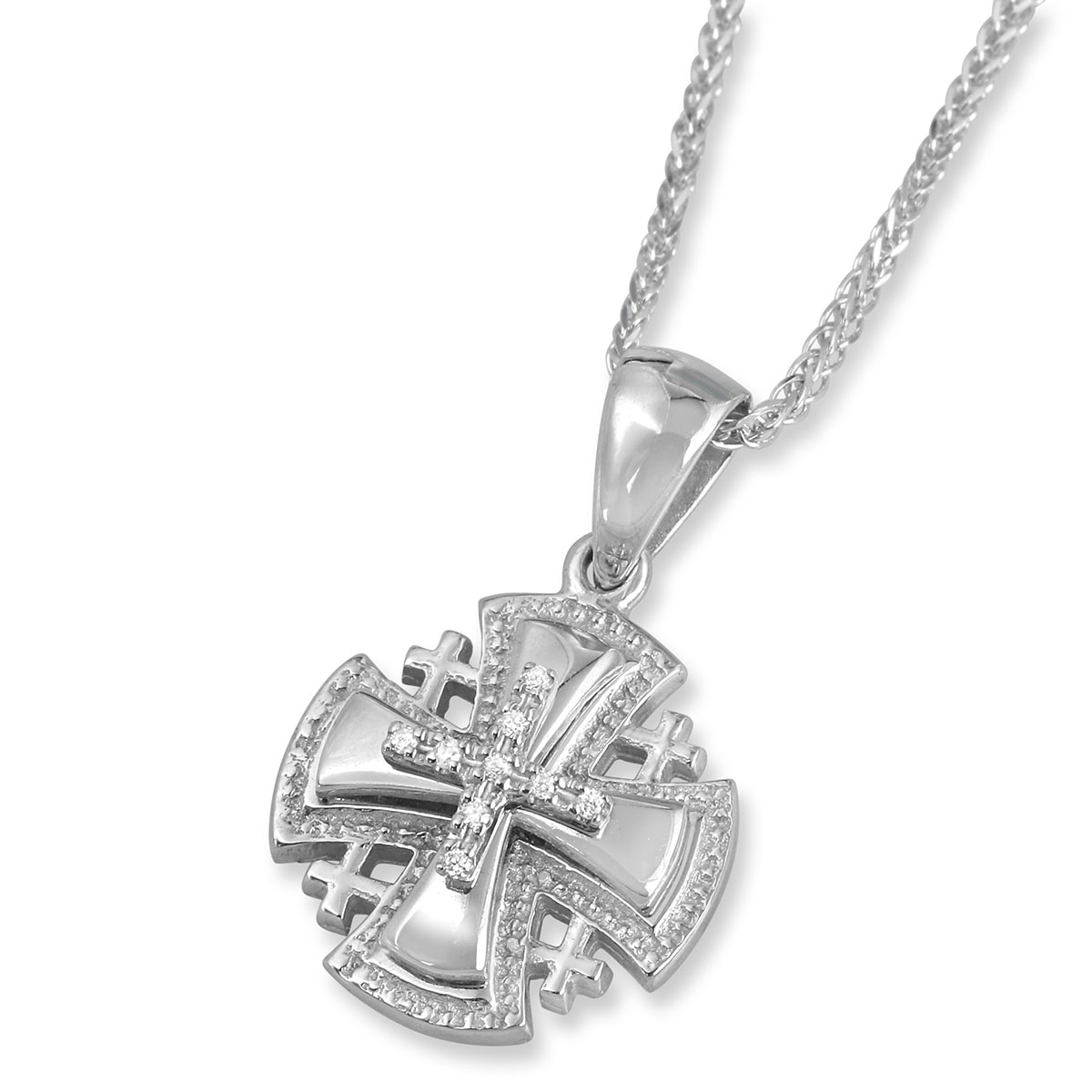 Anbinder 14K White Gold Stacked Splaying Jerusalem Cross Pendant with Textured Border and Diamonds - 1