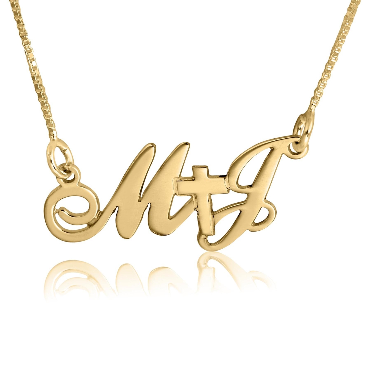 24K Gold Plated Joyful Script Initial Necklace with Cross - 1
