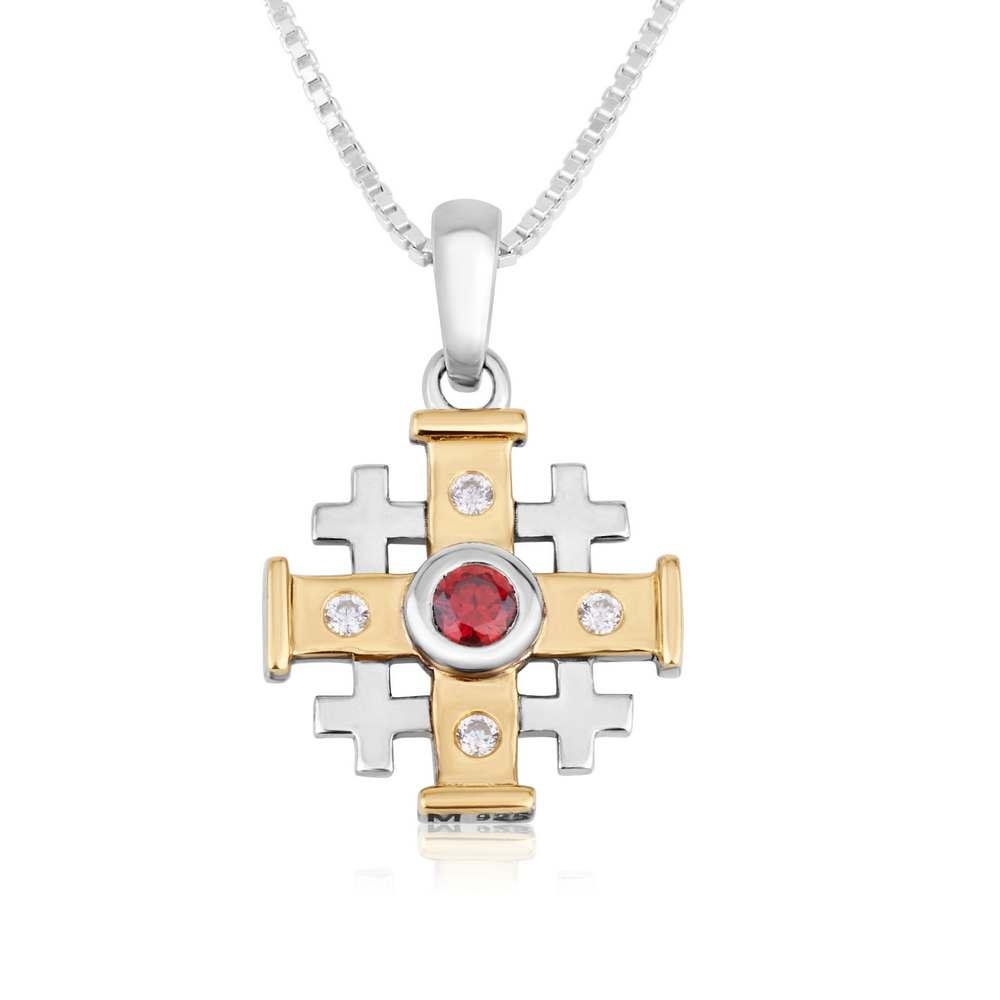 Marina Jewelry Sterling Silver and Gold Plated Jerusalem Cross Necklace with Zircon and Garnet Stone - 1