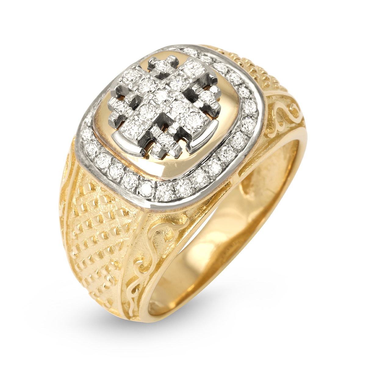 14K Two Toned Gold Jerusalem Cross Ring with Pave Diamonds and Lattice Detailing  - 1
