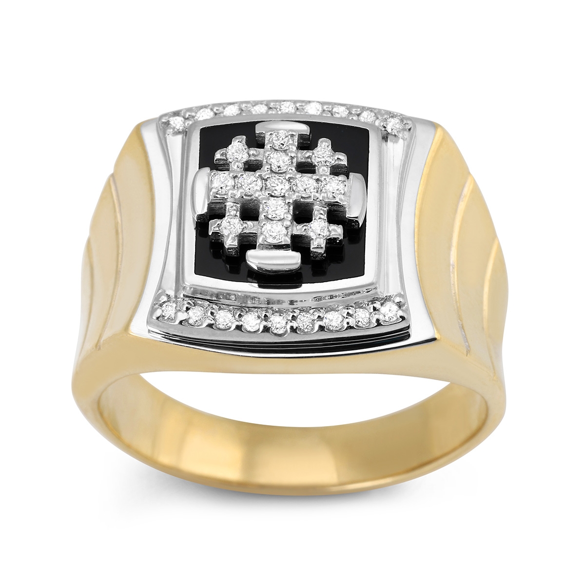 Anbinder Jewelry 14K Gold Square Jerusalem Cross Ring with Diamonds and Black Enamel - 1