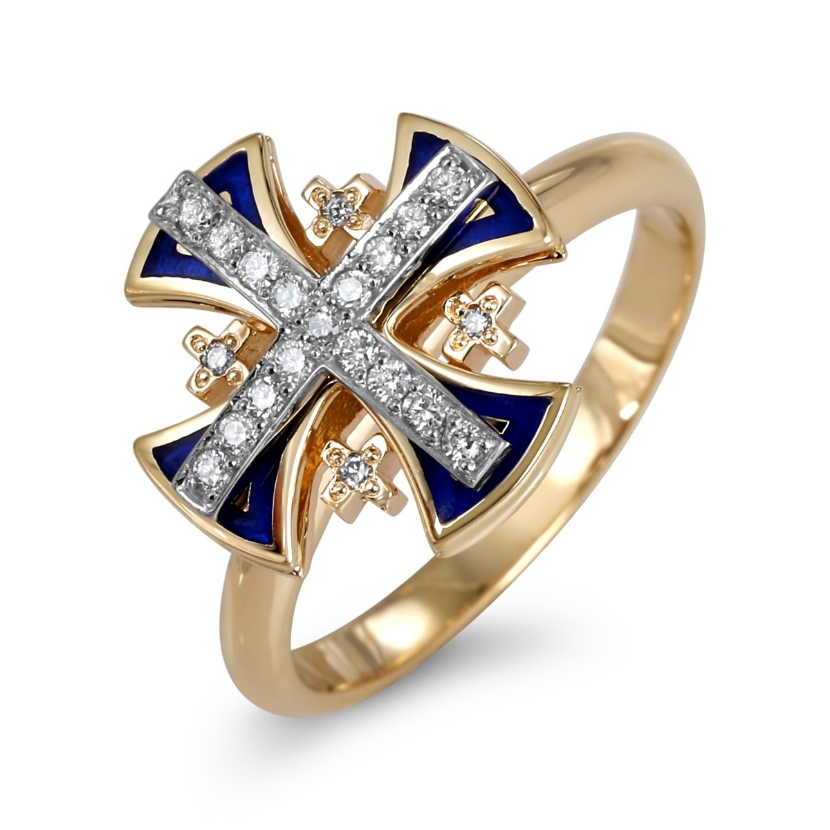 Anbinder 14K Yellow Gold, Enamel and Diamond Splayed Jerusalem Cross Ring with 21 Diamonds - 1