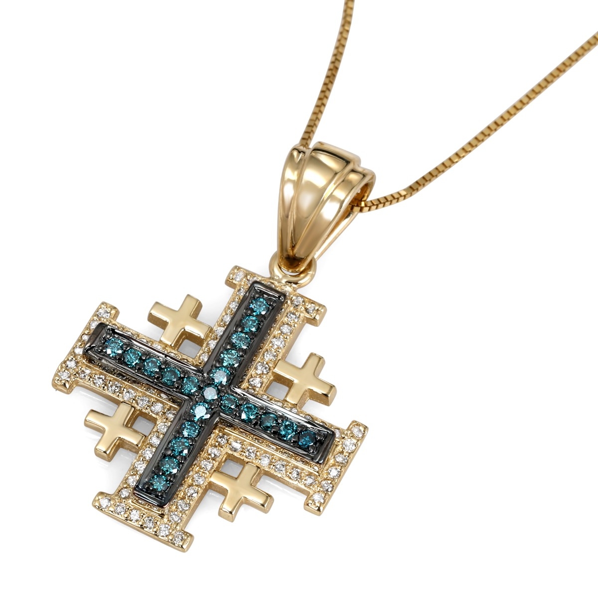 Anbinder Deluxe 14K Yellow & Black Gold Jerusalem Cross Pendant with Diamond Border and Blue Diamond Accents - 1