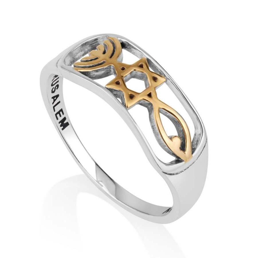Marina Jewelry 925 Sterling Silver Gold Plated Grafted-In Messianic Seal Ring - 1