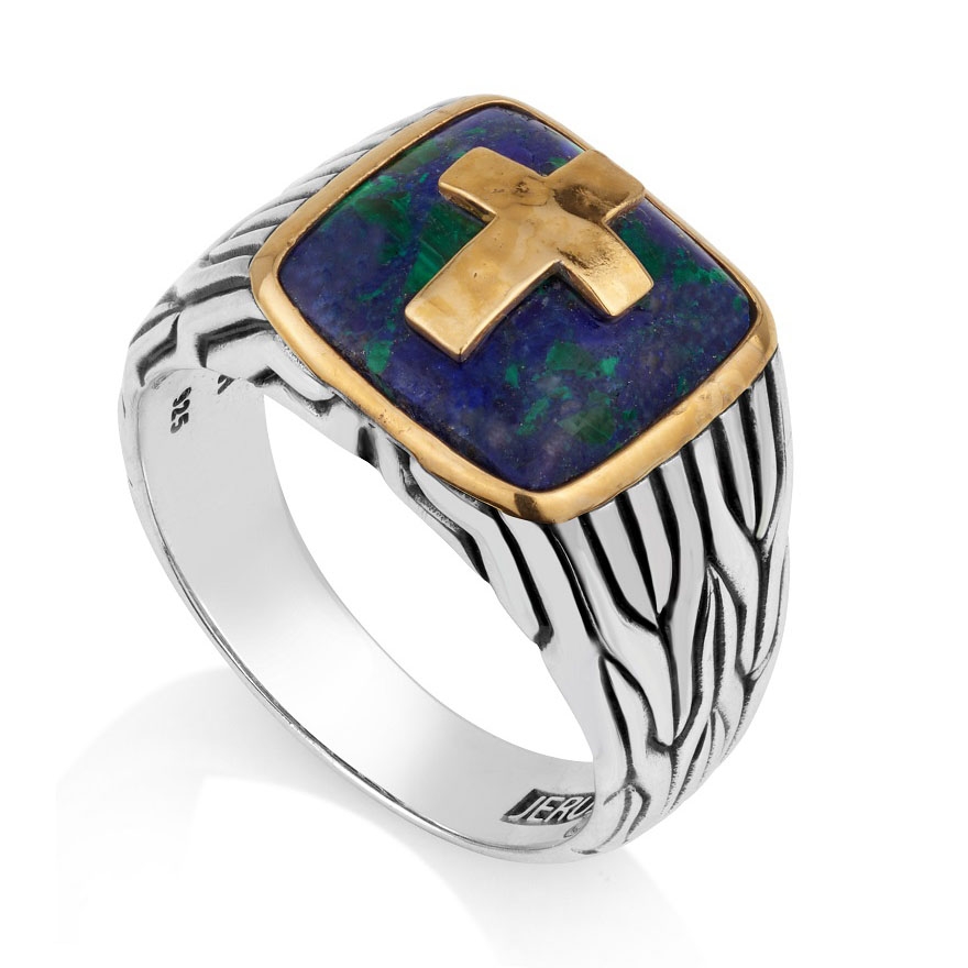 Marina Jewelry 925 Sterling Silver Men's Christian Ring With Gold-Plated Latin Cross and Eilat Stone - 1