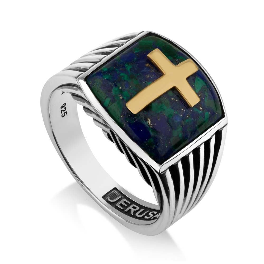 Marina Jewelry Sterling Silver Gold-Plated Latin Cross Men's Ring With Eilat Stone - 1