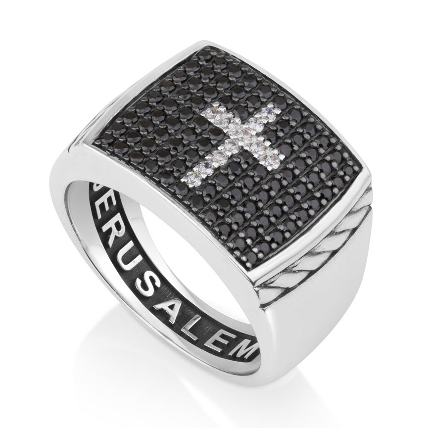 Marina Jewelry Sterling Silver Latin Cross Men's Ring With Invisible Pavé Design - 1
