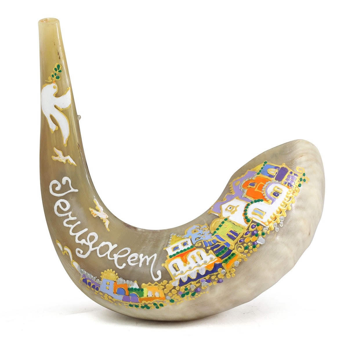 Hand Painted Ram’s Horn Shofar with Jerusalem and Dove of Peace - 1