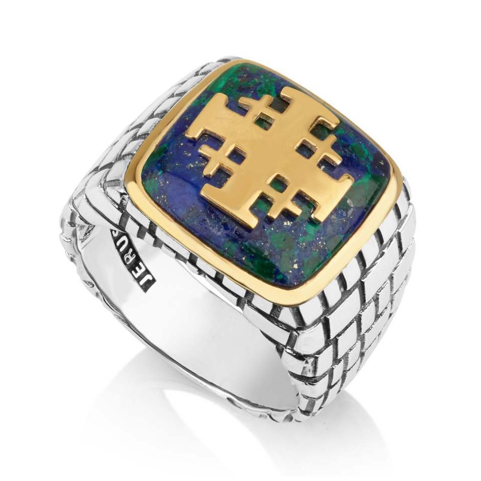 Sterling Silver and Eilat Stone Gold-Plated Western Wall Jerusalem Cross Men’s Ring - 1