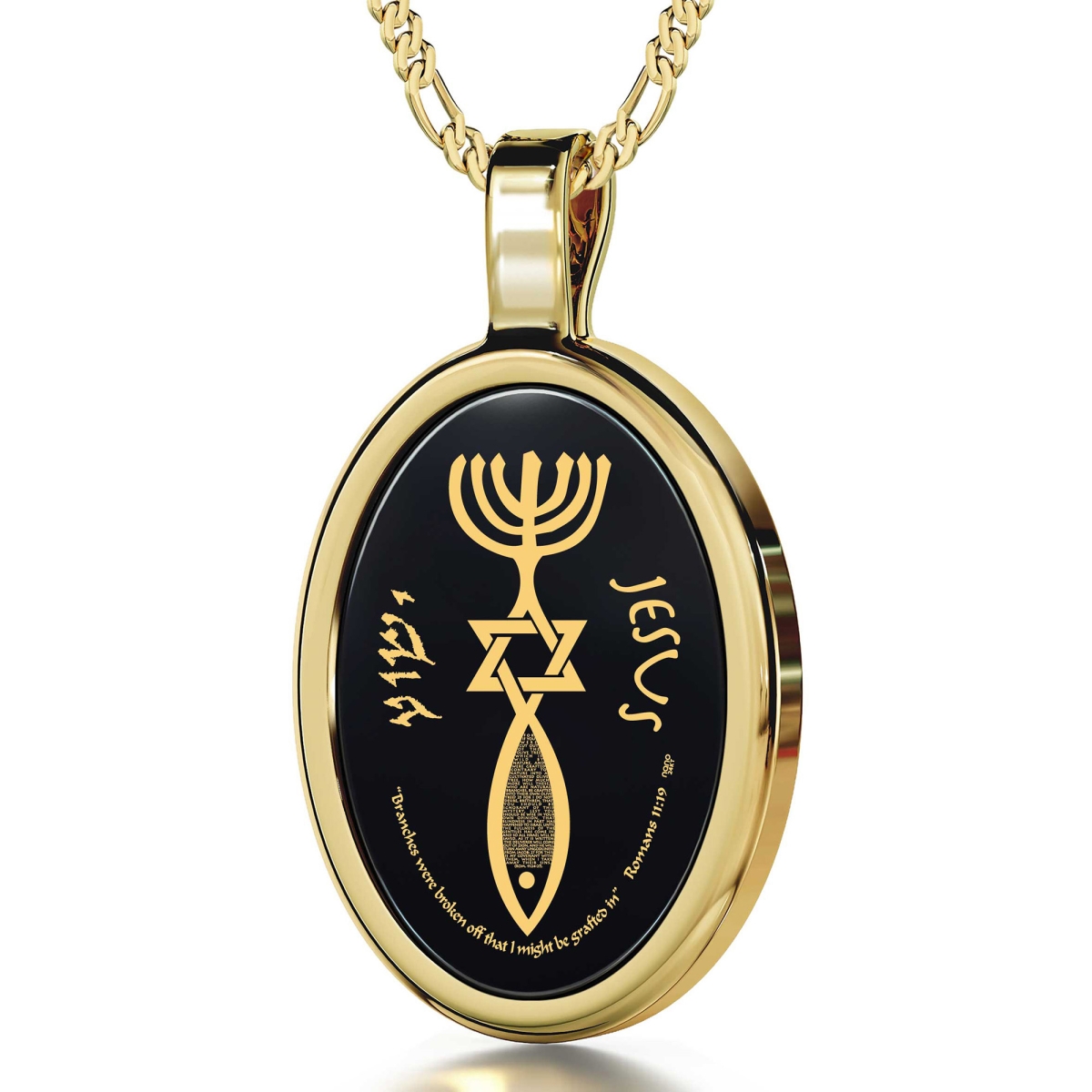 Nano 24K Gold Plated and Onyx Framed Oval Grafted-In Necklace with 24K Gold Micro-Inscription - 1