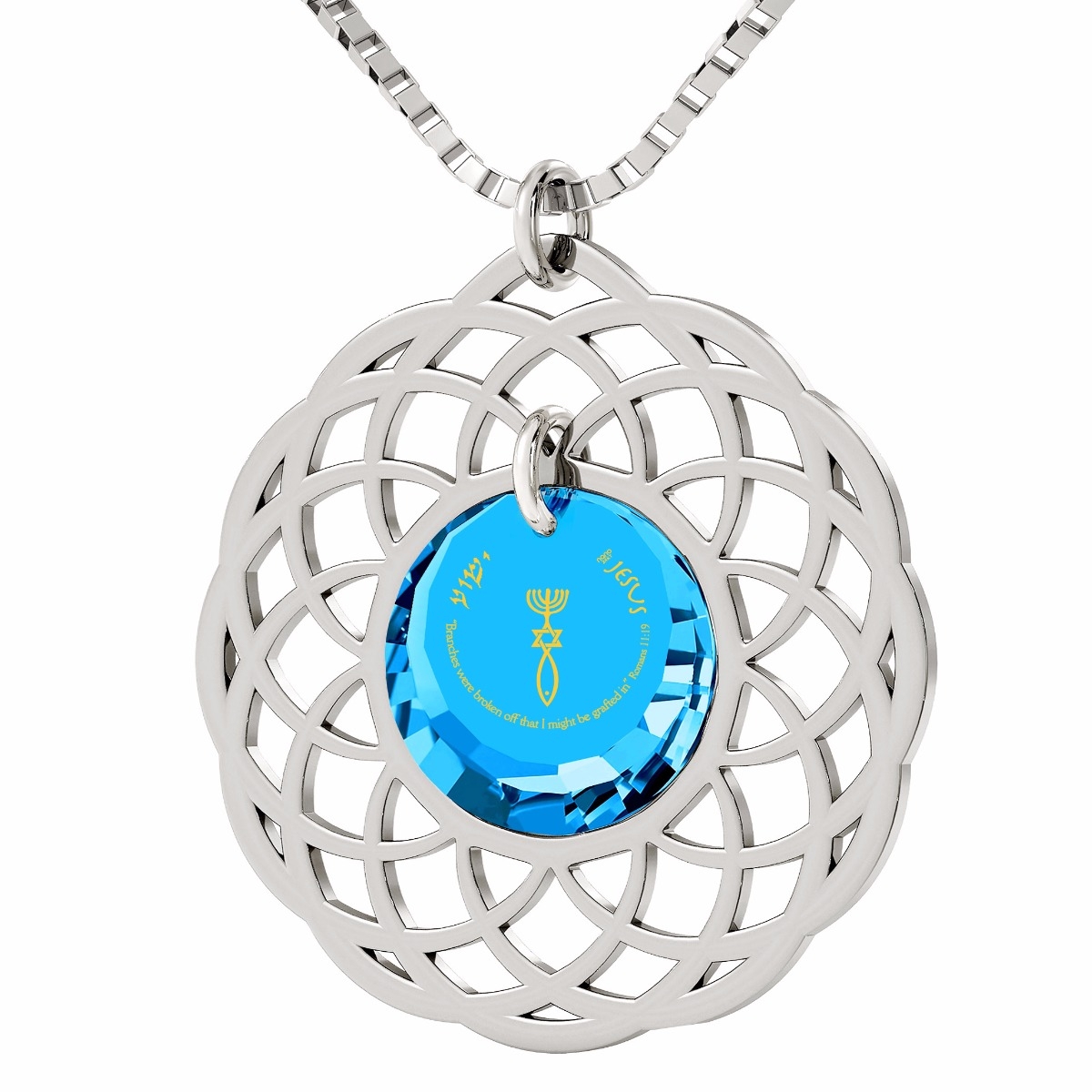Nano Jewelry Sterling Silver & Crystal Grafted-In Mandala Necklace with 24k Gold Micro-Inscription (Blue) - 1