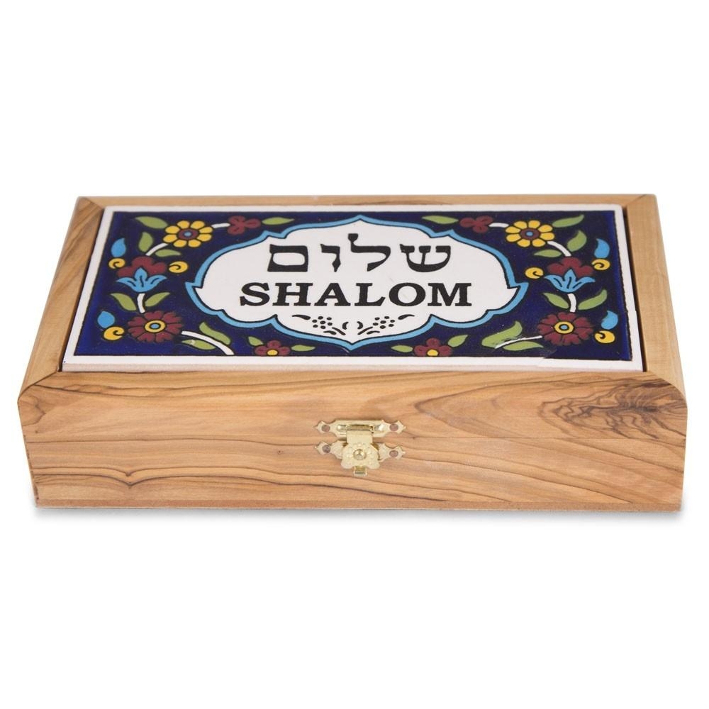 Olive Wood & Armenian Ceramic "Shalom" Jewelry Box - 1