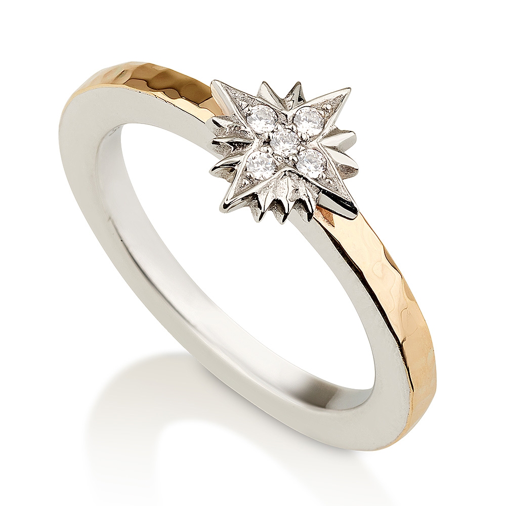 Emuna Studio Sterling Silver and 9K Gold Hammered Star of Bethlehem Ring with CZ Accents - 1