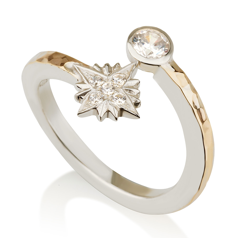 Emuna Studio Sterling Silver and 9K Gold Star of Bethlehem Wraparound Ring with CZ Accents - 1