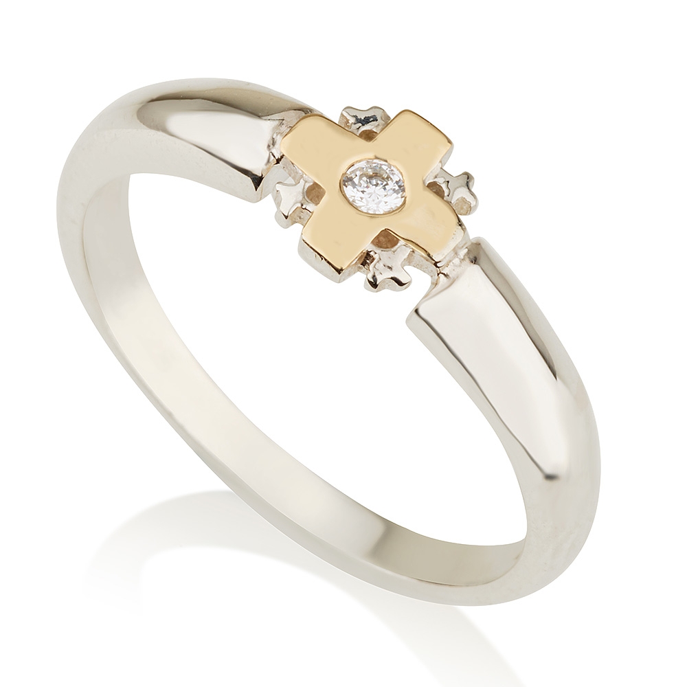 Emuna Studio Sterling Silver and 9K Gold Jerusalem Cross Purity Ring with CZ Center Stone - 1