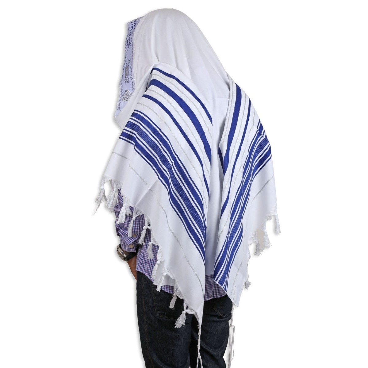 Talitnia Hadar Wool Blend Traditional Tallit Prayer Shawl (Blue and Silver),  Religious Articles