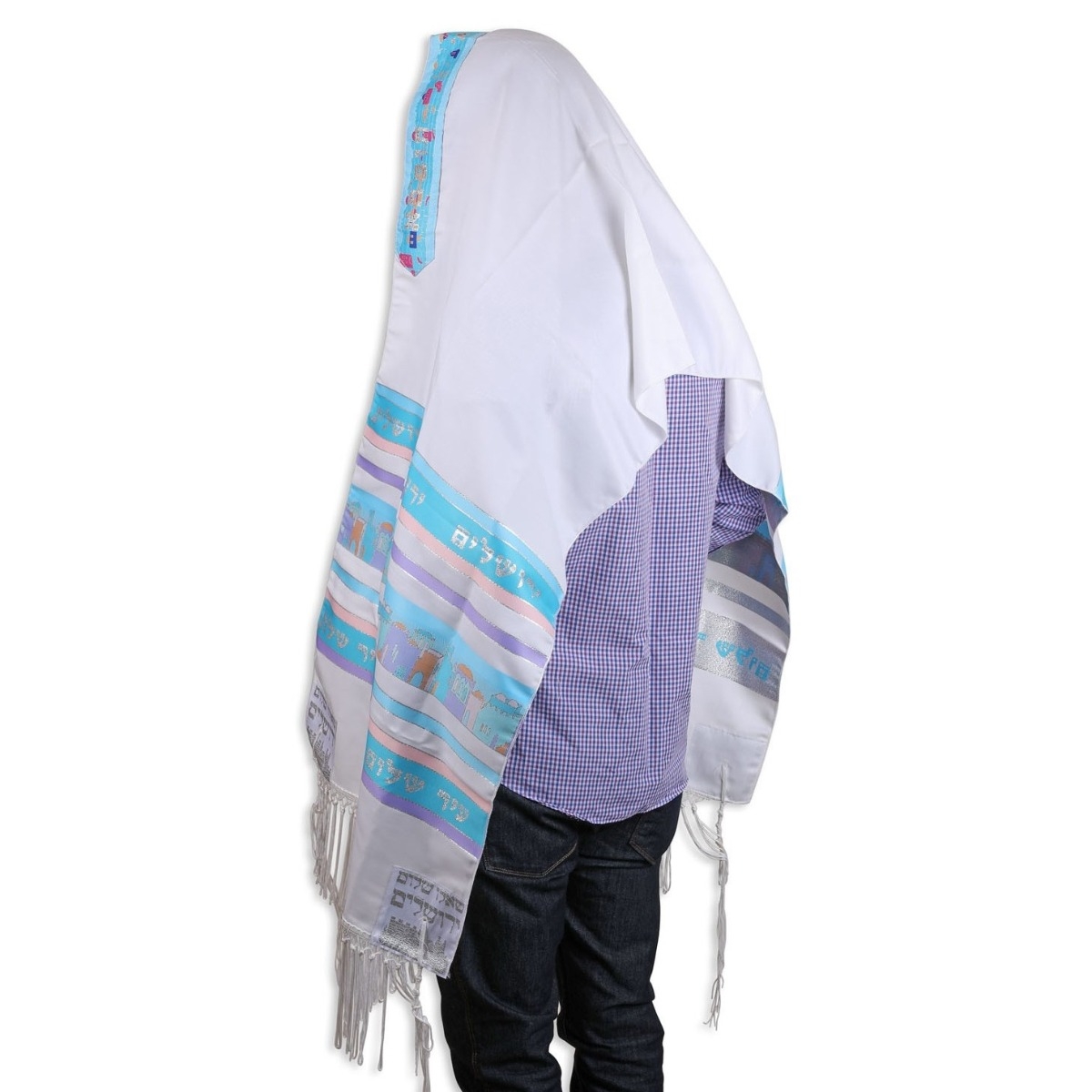 Talitnia Hadar Wool Blend Traditional Tallit Prayer Shawl (Blue and Silver),  Religious Articles