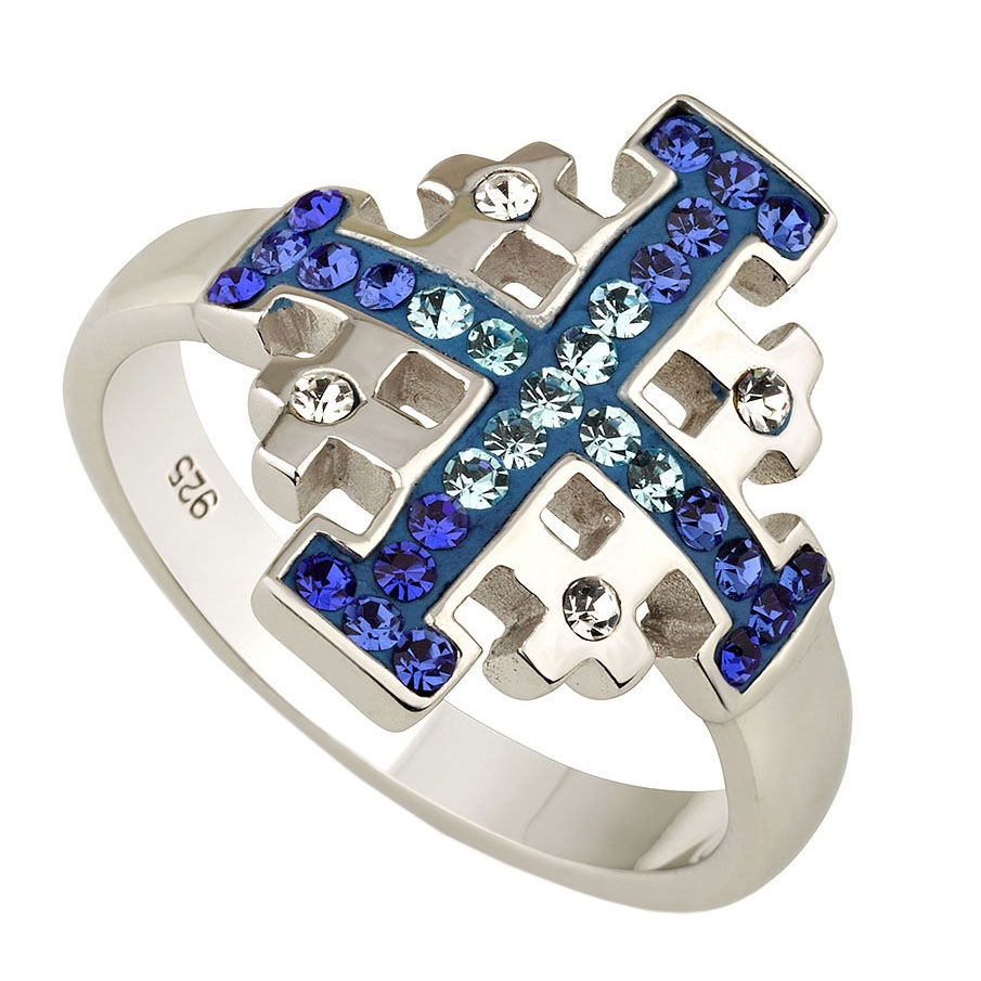 Rhodium Plated Sterling Silver Jerusalem Cross Ring with Blue Gemstones - 1