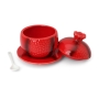 Red Ceramic Pomegranate Honey Dish with Spoon and Saucer - 6