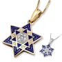 Ornate 14K Gold, Blue Enamel and Diamond Cluster Star of David Pendant with 13 Diamonds - 1