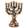 24K Gold Plated Jeweled 7 Branched Menorah - Brown with Emerald Crystals - 1