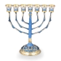 Ornate Enameled 7-Branched Menorah (Blue and Gold)  - 1