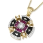 Anbinder Jewelry 14K Yellow Gold Jerusalem Cross Diamond Pendant with Ruby Corundum & Black Enamel - 1