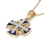 14K Yellow Gold Jerusalem Cross Diamond Pendant with Blue Enamel - 3