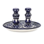 Armenian Ceramics Blue Sabbath Candlesticks Set With Floral Design - 2